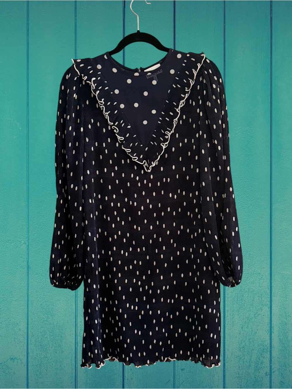 Ganni Navy and White Polka Dot Ruffle V-Neck Dress sz. 36, us 4/6